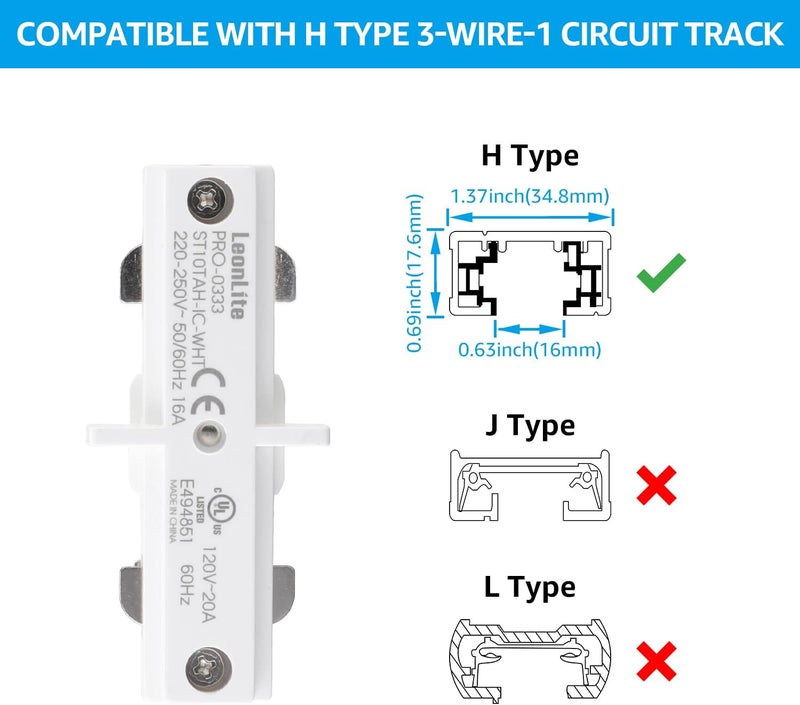 LEONLITE H Track Power Feedable I Connector, H Type Single Circuit 3-Wire-1 Track Lighting Kit, UL Listed, Flame Retardant Material, for H Track System, White - Image 4